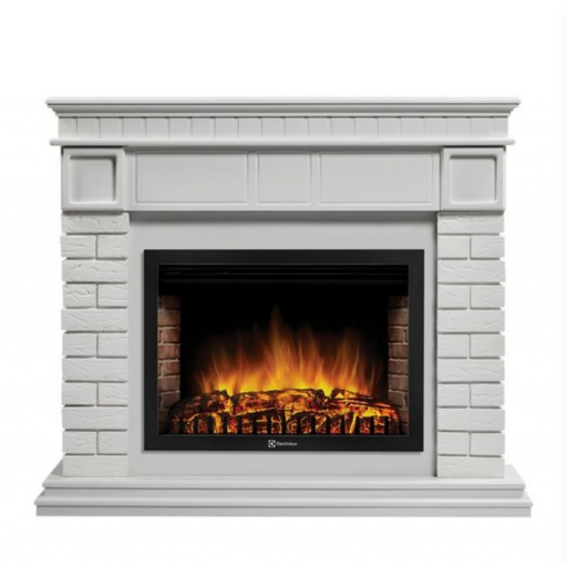 Каминокомплект: Очаг Electrolux EFP/P-3020LS N, портал Брикс 30 камень белый, белая эмаль